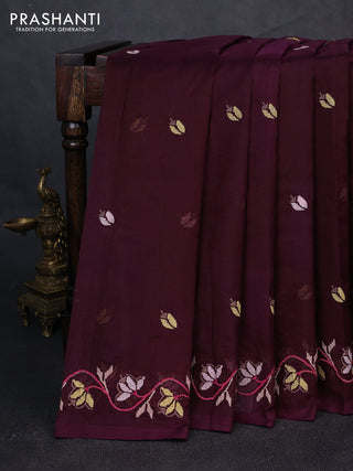 Silk cotton saree deep wine shade with floral convent embroidery buttas and embroidery border