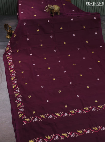 Silk cotton saree deep wine shade with floral convent embroidery buttas and embroidery border