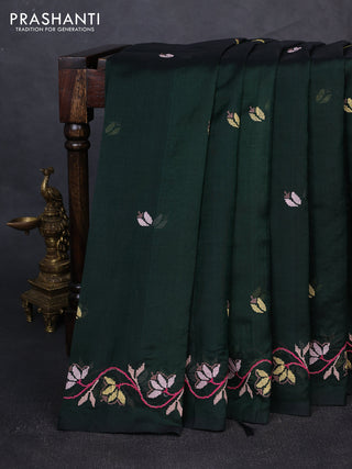 Silk cotton saree bottle green with floral convent embroidery buttas and zari woven border