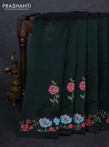 Silk cotton saree bottle green with floral convent embroidery buttas and embroidery border