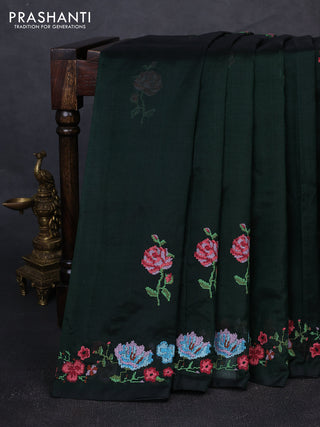 Silk cotton saree bottle green with floral convent embroidery buttas and embroidery border