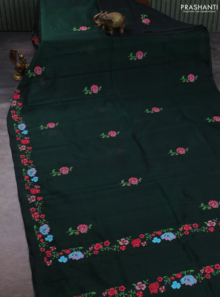 Silk cotton saree bottle green with floral convent embroidery buttas and embroidery border