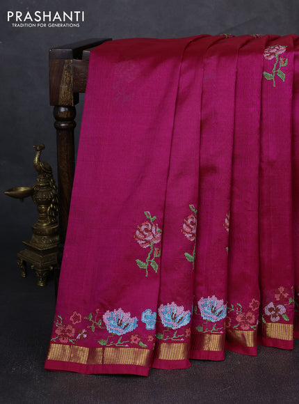 Silk cotton saree pink with floral convent embroidery buttas and zari woven border
