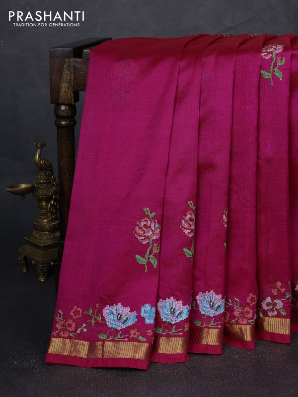 Silk cotton saree pink with floral convent embroidery buttas and zari woven border