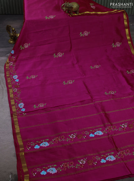 Silk cotton saree pink with floral convent embroidery buttas and zari woven border