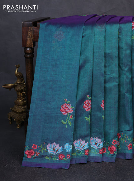 Silk cotton saree peacock green with floral convent embroidery buttas and zari woven border