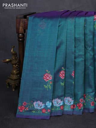 Silk cotton saree peacock green with floral convent embroidery buttas and zari woven border