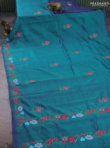 Silk cotton saree peacock green with floral convent embroidery buttas and zari woven border