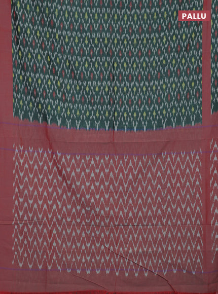 Ikat cotton saree green and red with allover ikat weaves and rettapet ikat woven border