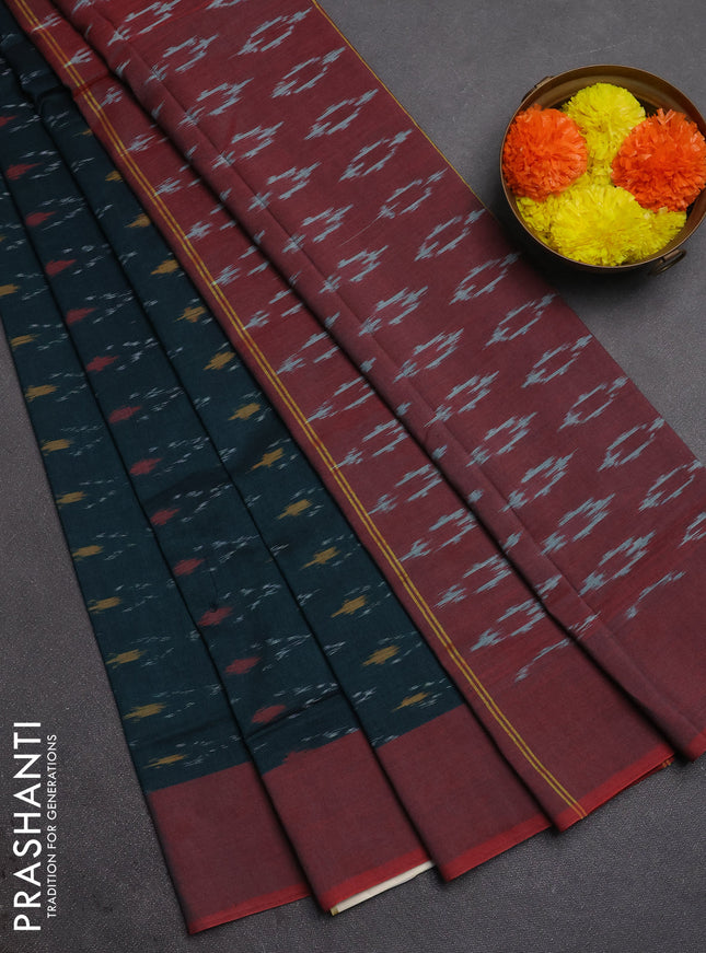 Ikat cotton saree peacock green and red with allover ikat weaves and simple border