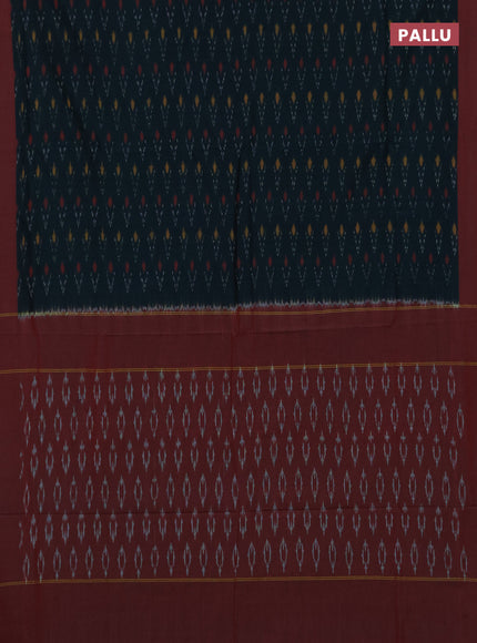 Ikat cotton saree peacock green and red with allover ikat weaves and simple border