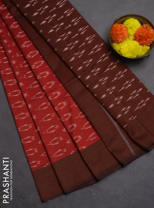 Ikat cotton saree red and rust shade with allover ikat woven butta weaves and simple border