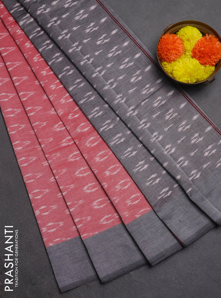 Ikat cotton saree red and grey with allover ikat woven butta weaves and simple border