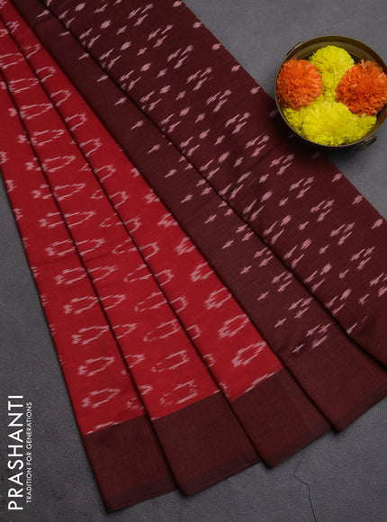 Ikat cotton saree red and deep maroon with allover ikat woven butta weaves and simple border