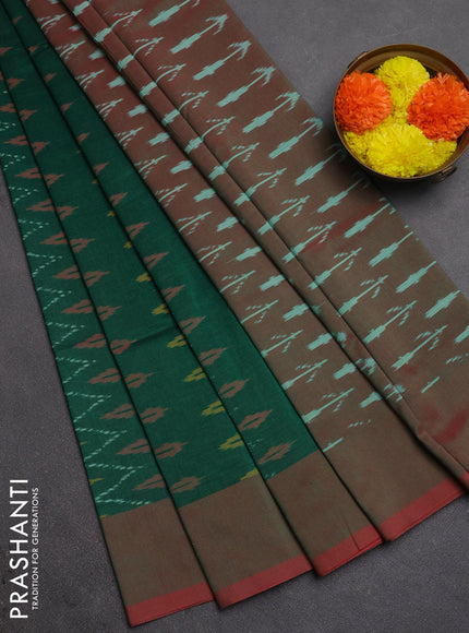 Ikat cotton saree green and red with allover ikat weaves and simple border
