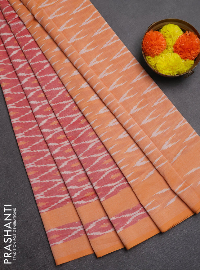 Ikat cotton saree red and pale orange with allover ikat weaves and rettapet ikat woven border