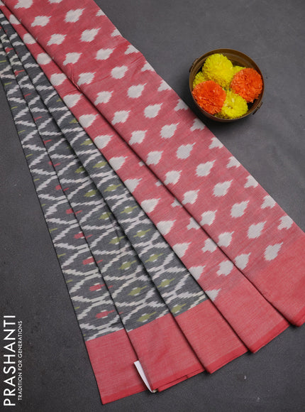 Ikat cotton saree grey and red with allover ikat weaves and simple border