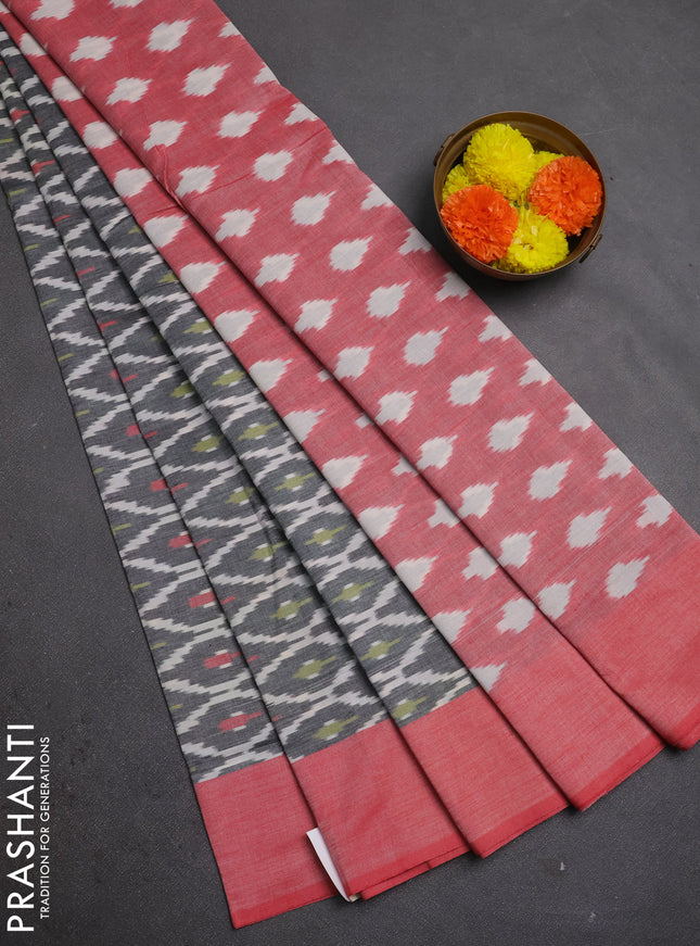 Ikat cotton saree grey and red with allover ikat weaves and simple border