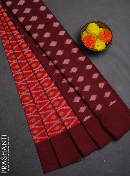 Ikat cotton saree red and deep maroon with allover ikat weaves and simple border