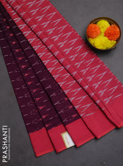 Ikat cotton saree deep magenta pink and pink with allover ikat woven butta weaves and simple border