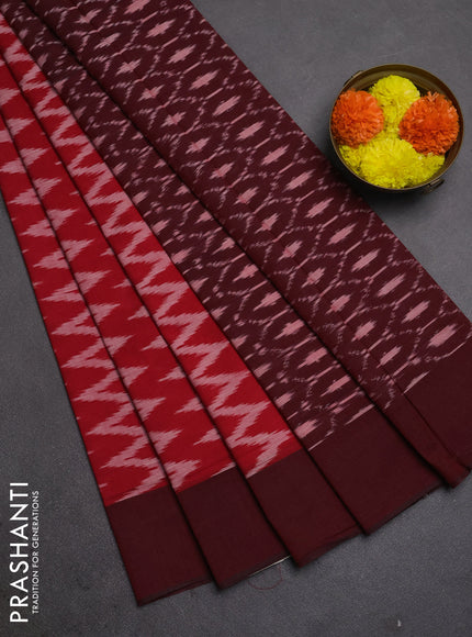 Ikat cotton saree red and deep maroon with allover zigzag ikat weaves and simple border