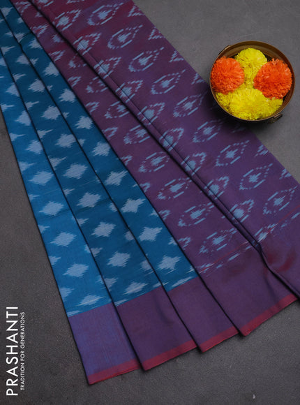Ikat cotton saree peacock blue and red with allover ikat woven butta weaves and rettapet ikat woven border