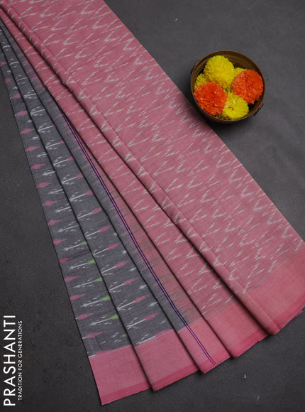 Ikat cotton saree grey and pink with allover ikat woven butta weaves and simple border