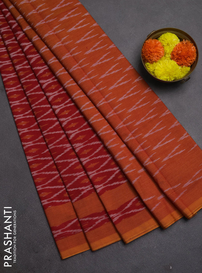 Ikat cotton saree red and orange with allover ikat weaves and rettapet ikat woven border