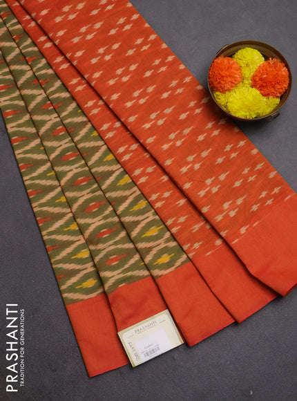 Ikat cotton saree green and orange with allover ikat weaves and simple border