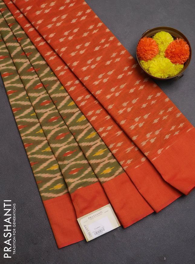 Ikat cotton saree green and orange with allover ikat weaves and simple border