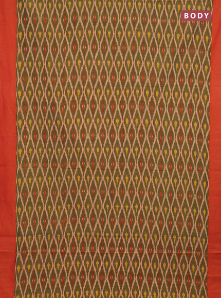 Ikat cotton saree green and orange with allover ikat weaves and simple border