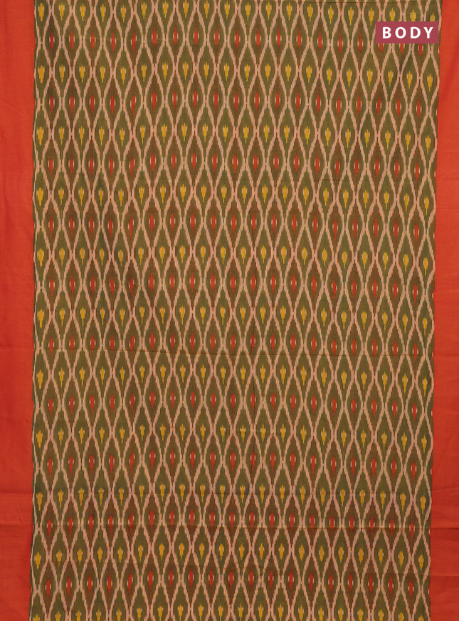 Ikat cotton saree green and orange with allover ikat weaves and simple border