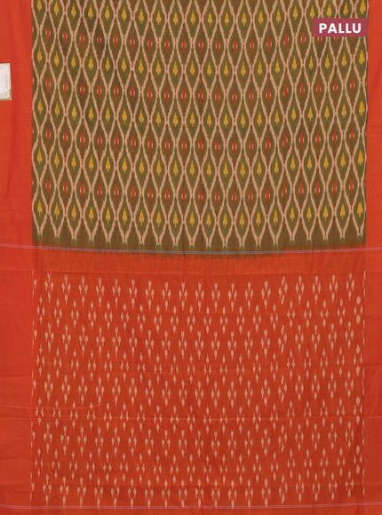 Ikat cotton saree green and orange with allover ikat weaves and simple border