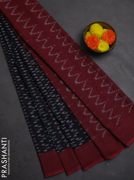 Ikat cotton saree black and maroon with allover ikat weaves and simple border