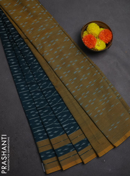 Ikat cotton saree peaccok green and mustard yellow with allover ikat weaves and rettapet ikat woven border