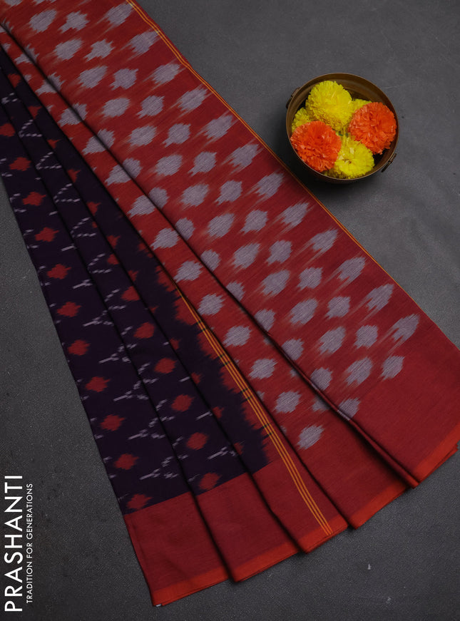 Ikat cotton saree violet and rust shade with allover ikat woven butta weaves and rettapet ikat woven border