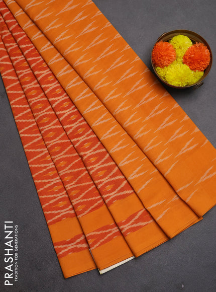 Ikat cotton saree red and mango yellow with allover ikat weaves and rettapet ikat woven border