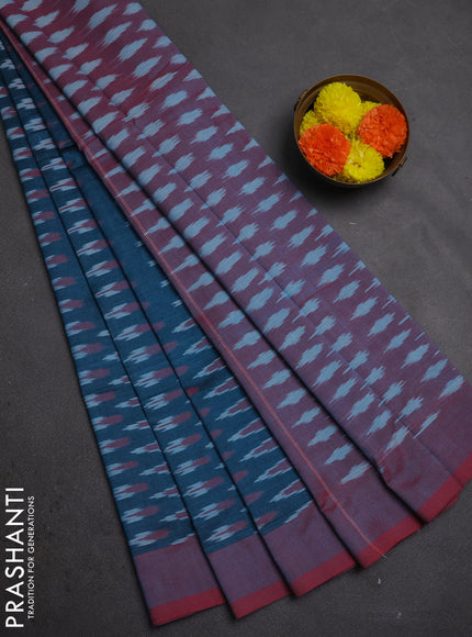 Ikat cotton saree peacock blue and red with allover ikat woven butta weaves and simple border