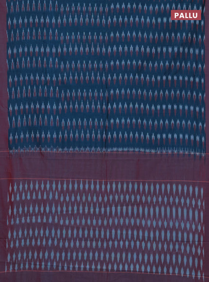 Ikat cotton saree peacock blue and red with allover ikat woven butta weaves and simple border