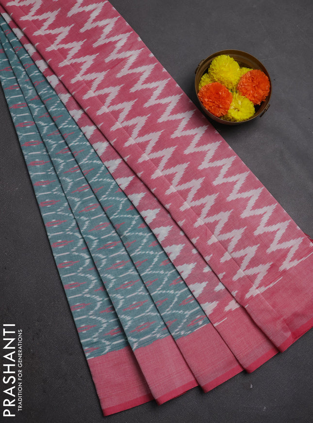 Ikat cotton saree pastel green and pink with allover ikat weaves and simple border