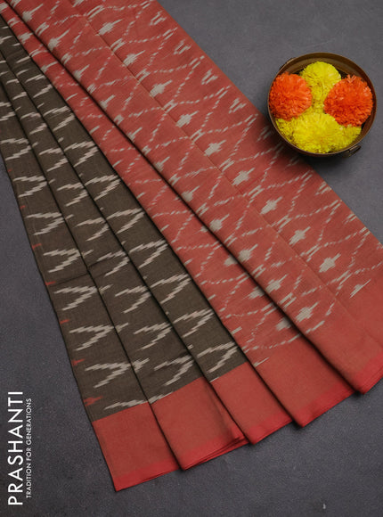 Ikat cotton saree chikku shade and red with allover ikat woven butta weaves and rettapet ikat border