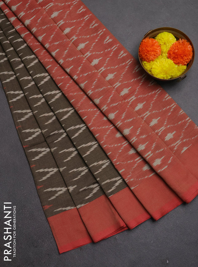 Ikat cotton saree chikku shade and red with allover ikat woven butta weaves and rettapet ikat border