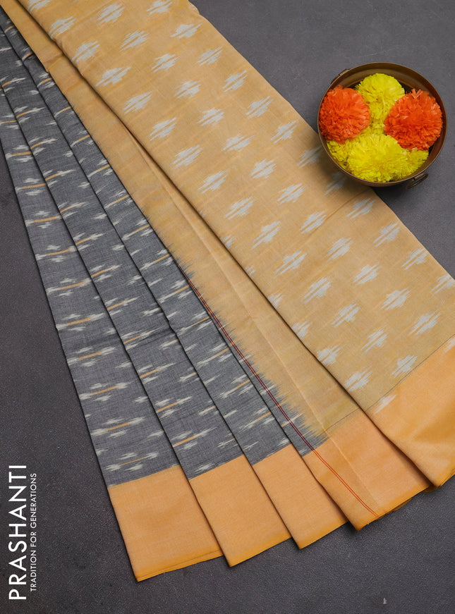 Ikat cotton saree grey and pale yellow with allover ikat weaves and simple border