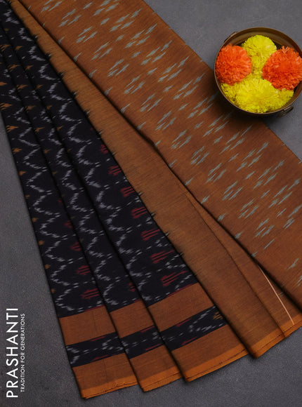 Ikat cotton saree black and dark mustard with allover ikat weaves and rettapet ikat border