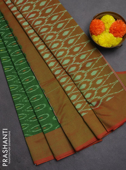 Ikat cotton saree green and red with allover ikat woven butta weaves and simple border