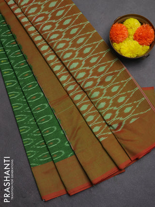 Ikat cotton saree green and red with allover ikat woven butta weaves and simple border