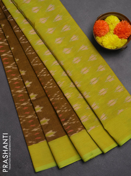 Ikat cotton saree dark mustard and light green with allover ikat weaves and rettapet ikat border