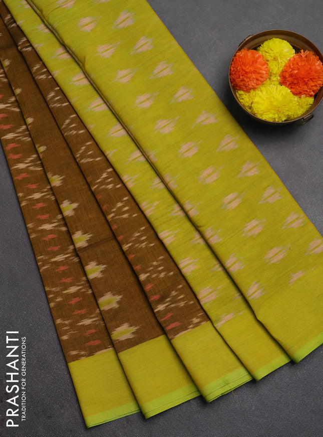 Ikat cotton saree dark mustard and light green with allover ikat weaves and rettapet ikat border