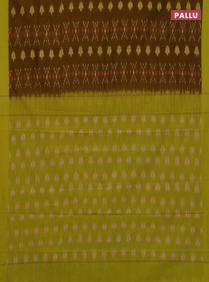 Ikat cotton saree dark mustard and light green with allover ikat weaves and rettapet ikat border