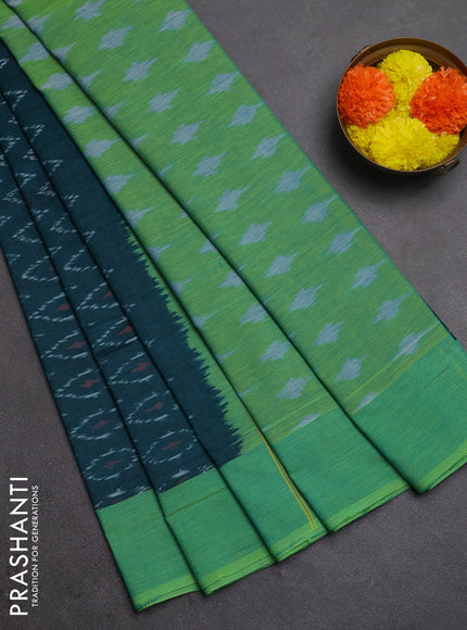 Ikat cotton saree peacock green and light green with allover ikat woven butta weaves and simple border
